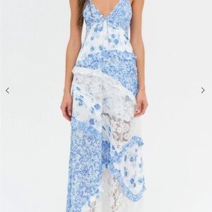 For Love And Lemons Blue and White Ruched Asymmetrical Sundress